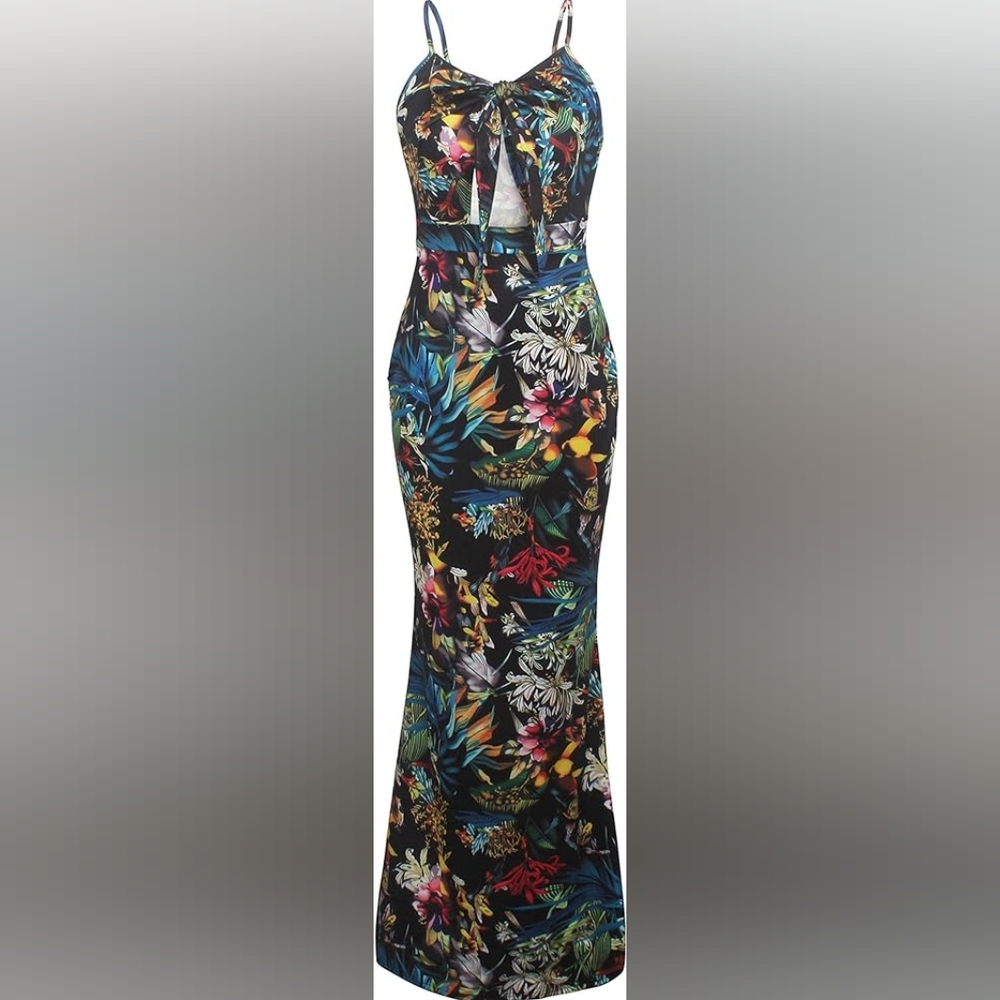 Tropical spaghetti strap cut out tie dress